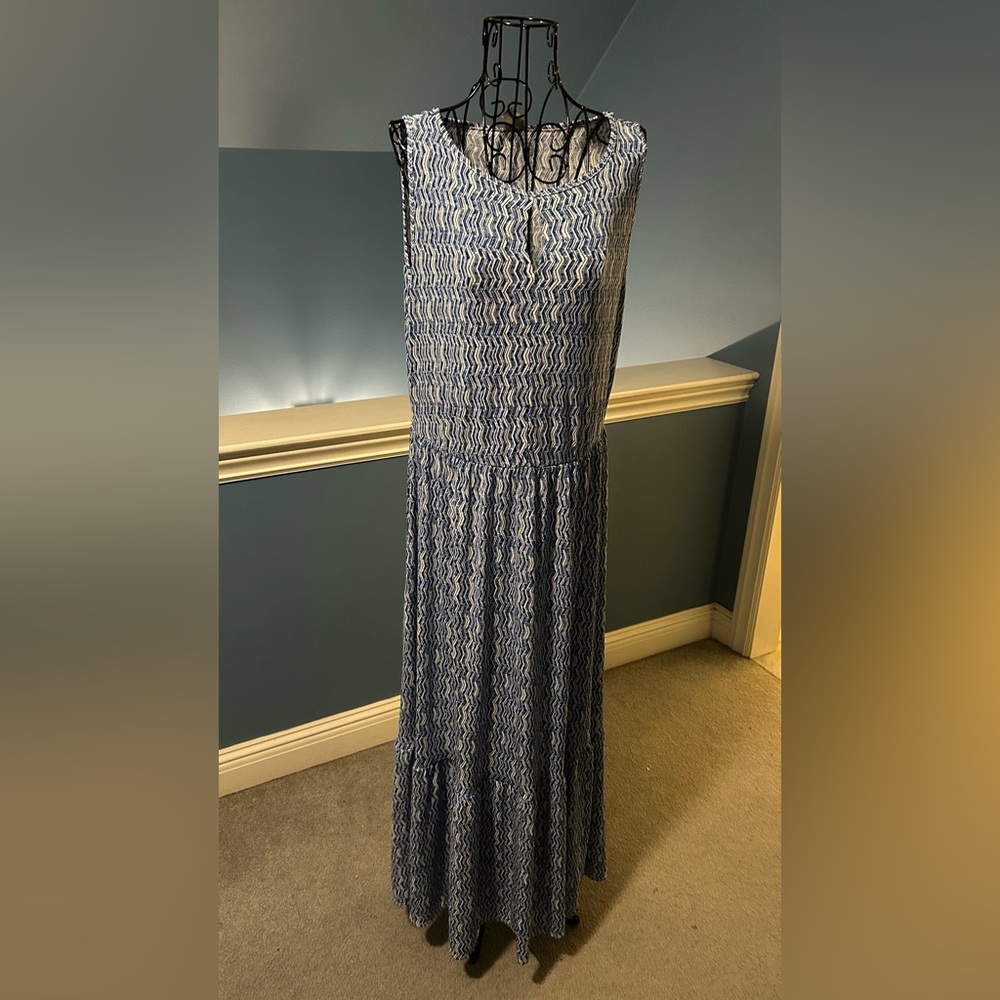 Chico's Blue Smocked Maxi Sundress for Wedding Guest
